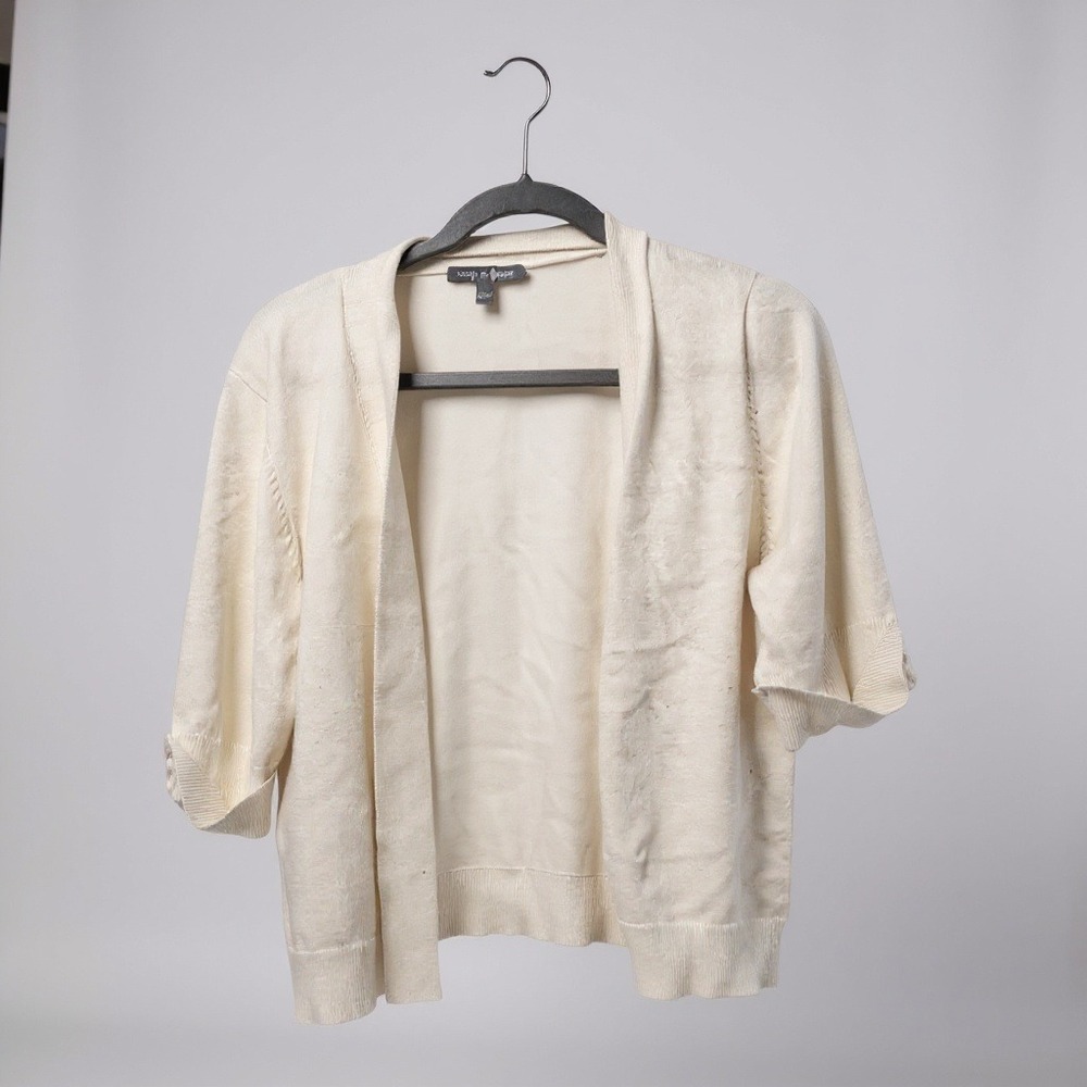 Cable & Gauge White Open-Front Cardigan With Button-Detail‎ Sleeves Size XL